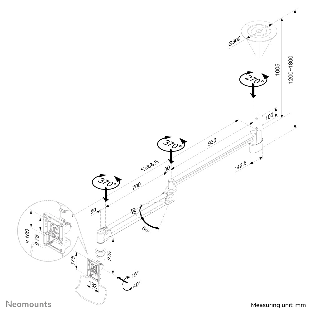 Neomounts FPMA-HAC100 Soporte de techo para monitor médico 10-24" - alt. 0-170 cm - resorte de gas